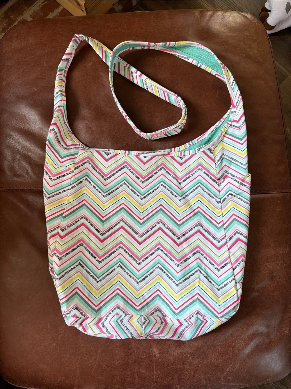 Reversible Chevron-Pattern Shoulder Bag in Mint and Pink